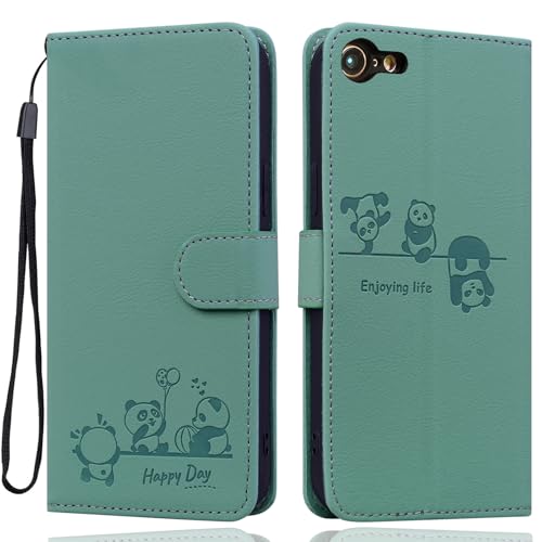Ailisi Handyhülle für iPhone 7/iPhone 8, Schutzhülle für iPhone SE 2nd Gen/SE 3rd Gen, Karikatur Cute Panda PU Leder Klapphülle mit Kartenfach, Standfunktion Handytasche Flip Case Cover Etui, Grün von Ailisi