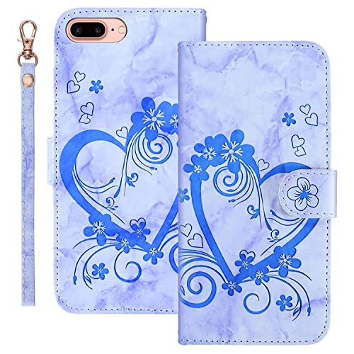 Ailisi Handyhülle für iPhone 7 Plus/iPhone 8 Plus (5,5 Zoll), Blume Liebe Herz Muster Marmor PU Leder Klapphüllen Schutzhülle Brieftasche Handytasche Etui Magnetisch Flip Cover Case - Blau von Ailisi