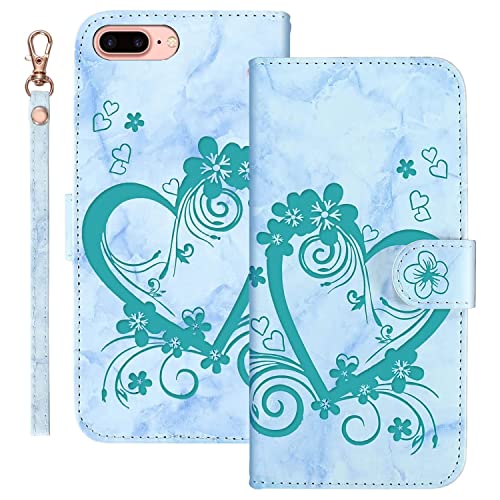 Ailisi Handyhülle für iPhone 7 Plus/iPhone 8 Plus (5,5 Zoll), Blume Liebe Herz Muster Marmor PU Leder Klapphüllen Schutzhülle Brieftasche Handytasche Etui Magnetisch Flip Cover Case - Grün von Ailisi