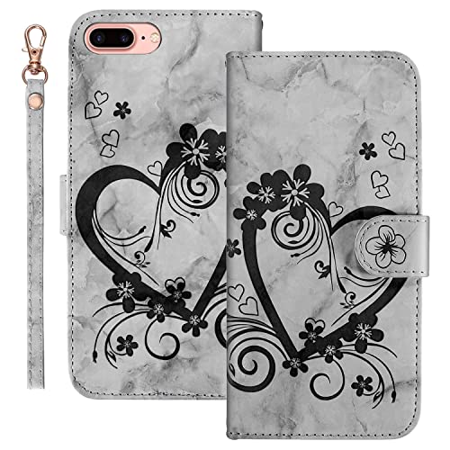 Ailisi Handyhülle für iPhone 7 Plus/iPhone 8 Plus (5,5 Zoll), Blume Liebe Herz Muster Marmor PU Leder Klapphüllen Schutzhülle Brieftasche Handytasche Etui Magnetisch Flip Cover Case - Schwarz von Ailisi