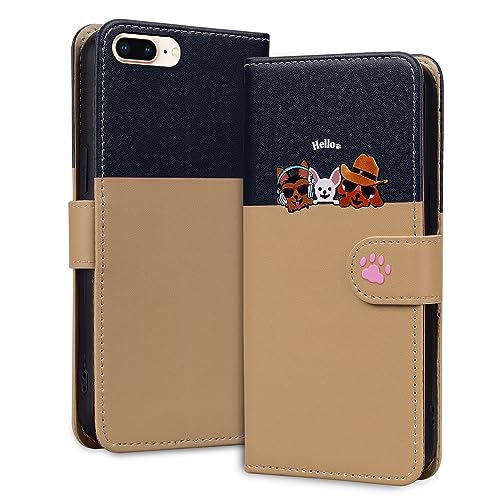 Ailisi Handyhülle für iPhone 7 Plus/iPhone 8 Plus (5,5 Zoll), Cute Hunde Karikatur PU Leder Klapphüllen Brieftasche Etui Magnetverschluss Schutzhülle mit Kartenfächern, Ständer, Dunkelblau/Khaki von Ailisi