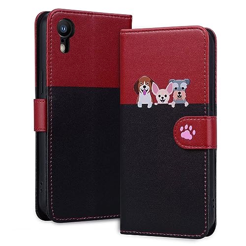 Ailisi Handyhülle für iPhone XR (6,1 Zoll), Niedliche Hunde Karikatur PU Leder Klapphüllen Brieftasche Tasche Etui Magnetverschluss Schutzhülle mit Kartenfächern, Ständer, Rot/Schwarz von Ailisi
