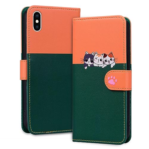 Ailisi Handyhülle für iPhone XS Max (6,5 Zoll), Niedliche Katzen Karikatur PU Leder Klapphüllen Brieftasche Tasche Etui Magnetverschluss Schutzhülle mit Kartenfächern, Ständer, Orange/Dunkelgrün von Ailisi