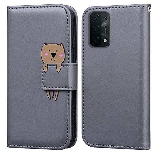 Ailisi Hülle für Oppo A74 5G/Oppo A54 5G, Karikatur Braun Bär Muster Leder Handyhülle Brieftasche Schutzhülle Leder Flip Case Wallet Cover Klapphüllen Tasche Etui mit Kartenfächern -Bär, Grau von Ailisi