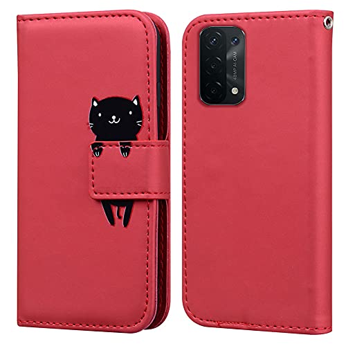 Ailisi Hülle für Oppo A74 5G/Oppo A54 5G, Karikatur Schwarz Cat Muster Leder Handyhülle Brieftasche Schutzhülle Leder Flip Case Wallet Cover Klapphüllen Tasche Etui mit Kartenfächern -Katze, Rot von Ailisi