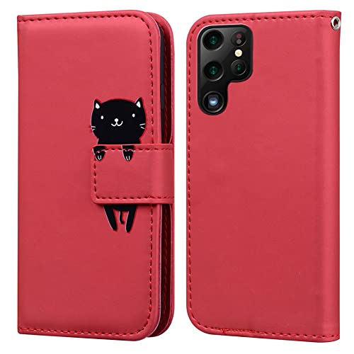 Ailisi Hülle für Samsung Galaxy S22 Ultra 5G, Karikatur Schwarz Cat Muster PU Leder Handyhülle Brieftasche Schutzhülle Etui Flip Case Cover Tasche Klapphüllen mit Kartenfächern -Katze, Dunkelrot von Ailisi