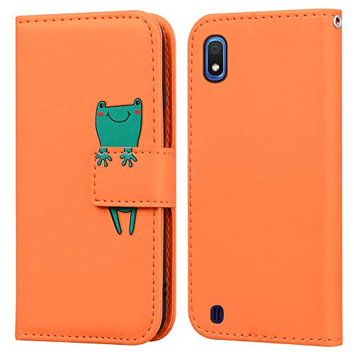 Ailisi Samsung Galaxy A10 Hülle, Karikatur Grün Frog Muster PU Leder Handyhülle Brieftasche Schutzhülle Etui Flip Case Cover Tasche Klapphüllen mit Kartenfächern + Stand -Frosch, Orange von Ailisi