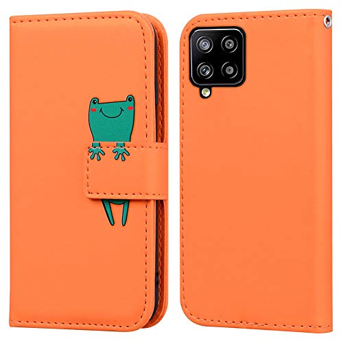 Ailisi Samsung Galaxy A12 Hülle, Karikatur Grün Frog Muster Leder Handyhülle Brieftasche Schutzhülle Leder Flip Case Wallet Cover Klapphüllen Tasche Etui mit Kartenfächern+Stand -Frosch, Orange von Ailisi