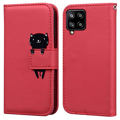 Ailisi Samsung Galaxy A12 Hülle, Karikatur Schwarz Cat Muster Leder Handyhülle Brieftasche Schutzhülle Leder Flip Case Wallet Cover Klapphüllen Tasche Etui mit Kartenfächern+Stand -Katze, Dunkelrot von Ailisi