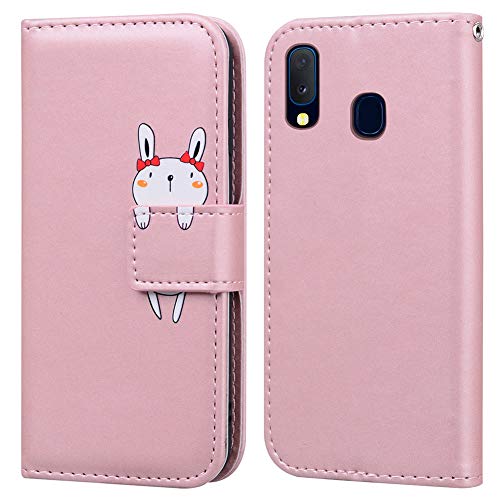 Ailisi Samsung Galaxy A20e Hülle, Karikatur Weiß Rabbit Muster Leder Handyhülle Brieftasche Schutzhülle Leder Flip Case Wallet Cover Klapphüllen Tasche Etui mit Kartenfächern+Stand -Hase, Pink von Ailisi