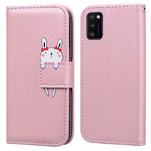 Ailisi Samsung Galaxy A41 Hülle SM-A415F, Karikatur Weiß Rabbit Muster PU Leder Handyhülle Brieftasche Schutzhülle Flip Case Cover Klapphüllen Tasche Etui mit Kartenfächern+Stand -Hase, Pink von Ailisi