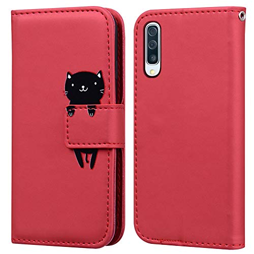 Ailisi Samsung Galaxy A50/A30s/A50s Hülle, Karikatur Schwarz Cat Muster Leder Handyhülle Brieftasche Schutzhülle Leder Flip Case Wallet Cover Klapphüllen mit Kartenfächern+Stand -Katze, Dunkelrot von Ailisi