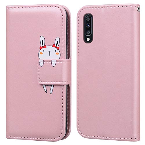 Ailisi Samsung Galaxy A70 Hülle, Karikatur Weiß Rabbit Muster PU Leder Handyhülle Brieftasche Schutzhülle Etui Flip Case Cover Tasche Klapphüllen mit Kartenfächern + Stand -Hase, Pink von Ailisi