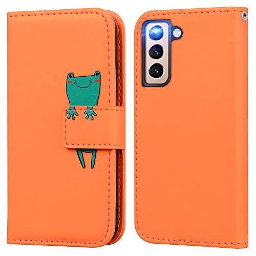 Ailisi Samsung Galaxy S21 5G Hülle, Karikatur Grün Frog Muster Leder Handyhülle Brieftasche Schutzhülle Leder Flip Case Cover Klapphüllen Tasche Etui mit Kartenfächern+Stand -Frosch, Orange von Ailisi