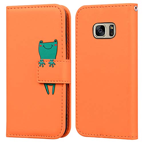 Ailisi für Samsung Galaxy S7 Hülle, Karikatur Grün Frog Muster PU Leder Handyhülle Brieftasche Schutzhülle Etui Flip Case Cover Tasche Klapphüllen mit Kartenfächern + Stand -Frosch, Orange von Ailisi