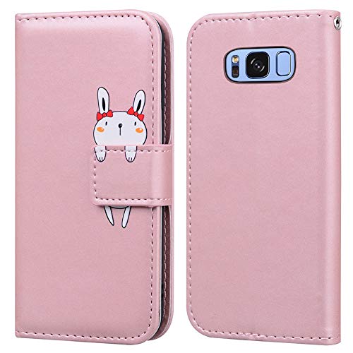 Ailisi für Samsung Galaxy S8 Hülle, Karikatur Weiß Rabbit Muster PU Leder Handyhülle Brieftasche Schutzhülle Etui Flip Case Cover Tasche Klapphüllen mit Kartenfächern + Stand -Hase, Pink von Ailisi