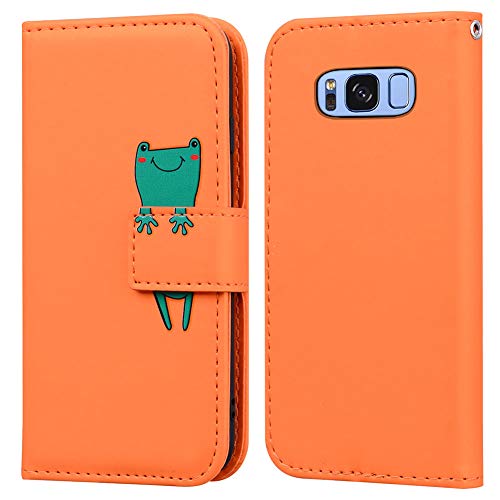 Ailisi für Samsung Galaxy S8 Hülle, Karikatur Grün Frog Muster PU Leder Handyhülle Brieftasche Schutzhülle Etui Flip Case Cover Tasche Klapphüllen mit Kartenfächern + Stand -Frosch, Orange von Ailisi