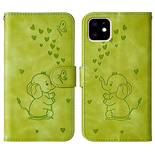 Ailisi für iPhone 11, Karikatur Elefantenbaby Muster Leder Handyhülle Brieftasche Schutzhülle Leder Flip Case Wallet Cover Klapphüllen Tasche Etui mit Kartenfächern+Stand -Grün von Ailisi