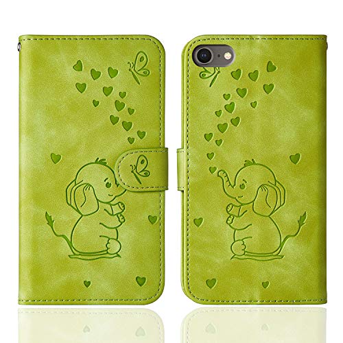 Ailisi für iPhone 7/iPhone 8/SE 2020/SE 2022 Hülle, Karikatur Elefant Muster Leder Handyhülle Brieftasche Schutzhülle Leder Flip Case Wallet Cover Klapphüllen Tasche Etui mit Kartenfächern -Grün von Ailisi