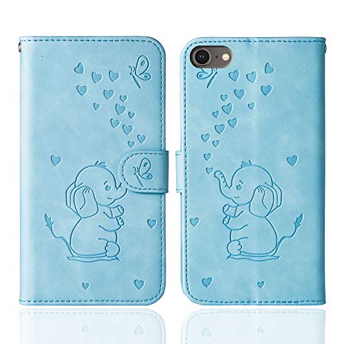 Ailisi für iPhone 7/iPhone 8/SE 2020/SE 2022 Hülle, Karikatur Elefant Muster Leder Handyhülle Brieftasche Schutzhülle Leder Flip Case Wallet Cover Klapphüllen Tasche Etui mit Kartenfächern -Blau von Ailisi