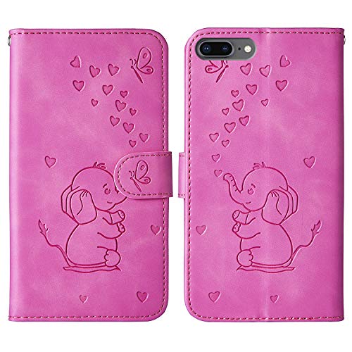 Ailisi für iPhone 7 Plus/8 Plus (5,5 Zoll) Hülle, Karikatur Elefant Muster Leder Handyhülle Brieftasche Schutzhülle Leder Flip Case Wallet Cover Klapphüllen Tasche Etui mit Kartenfächern - Lila Rot von Ailisi