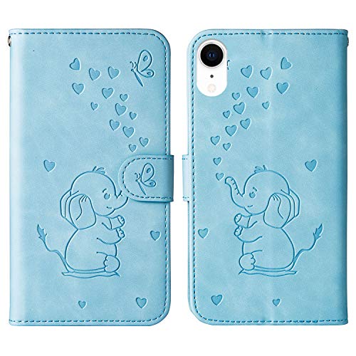 Ailisi für iPhone XR (6,1 Zoll) Hülle, Karikatur Elefant Muster Leder Handyhülle Brieftasche Schutzhülle Leder Flip Case Wallet Cover Klapphüllen Tasche Etui mit Kartenfächern - Blau von Ailisi