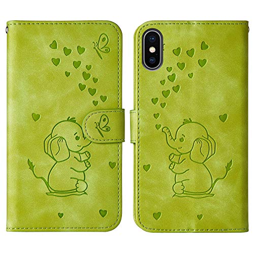 Ailisi für iPhone XS Max (6,5 Zoll) Hülle, Karikatur Elefant Muster Leder Handyhülle Brieftasche Schutzhülle Leder Flip Case Wallet Cover Klapphüllen Tasche Etui mit Kartenfächern - Grün von Ailisi