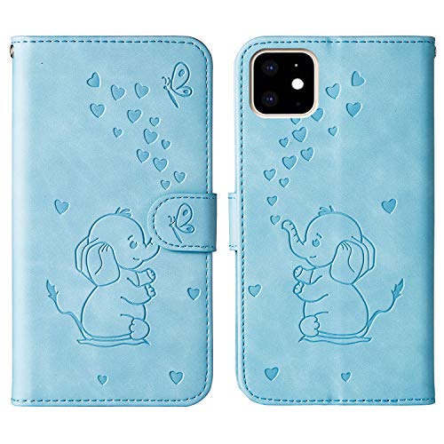 Ailisi iPhone 11 Hülle, Karikatur Elefantenbaby Muster Leder Handyhülle Brieftasche Schutzhülle Leder Flip Case Wallet Cover Klapphüllen Tasche Etui mit Kartenfächern+Stand -Blau von Ailisi