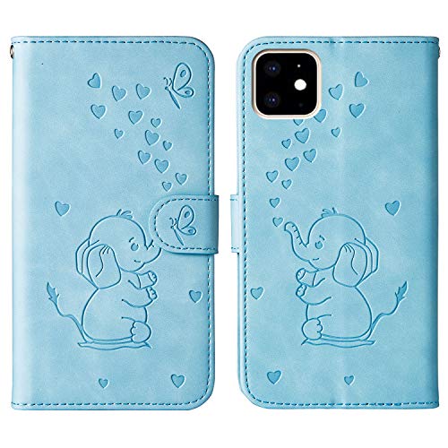 Ailisi für iPhone 11, Karikatur Elefantenbaby Muster Leder Handyhülle Brieftasche Schutzhülle Leder Flip Case Wallet Cover Klapphüllen Tasche Etui mit Kartenfächern+Stand -Blau von Ailisi