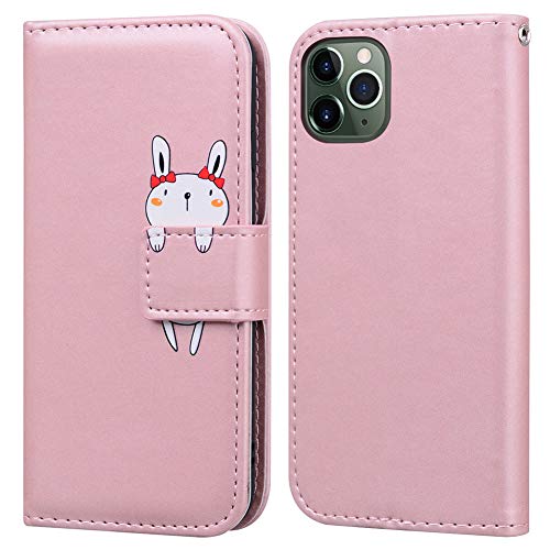 Ailisi für iPhone 11 Pro Max Handyhülle, Karikatur Weiß Rabbit Muster PU Leder Handyhülle Brieftasche Schutzhülle Flip Case Wallet Cover Klapphüllen Tasche Etui mit Kartenfächern+Stand -Hase, Pink von Ailisi