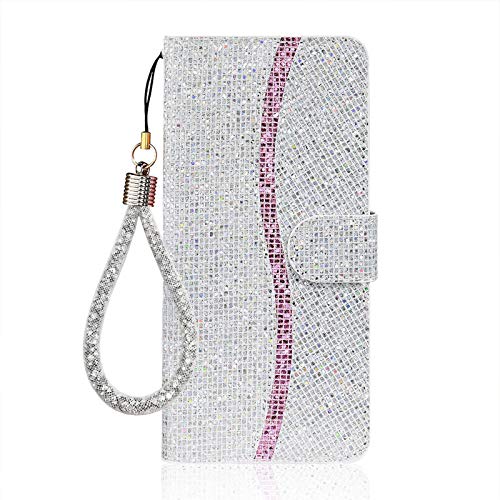 Ailisi iPhone 12/iPhone 12 Pro Hülle, Glitzer Pailletten Handyhülle Schutzhülle Leder Tasche Case Brieftasche, Wallet Flip Cover Klapphüllen Magnetisch Ledertasche Etui mit Kartenslot -Silber von Ailisi