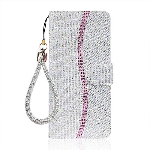 Ailisi für iPhone 12/iPhone 12 Pro Hülle, Glitzer Pailletten Handyhülle Schutzhülle Leder Tasche Case Brieftasche, Wallet Flip Cover Klapphüllen Magnetisch Ledertasche Etui mit Kartenslot -Silber von Ailisi