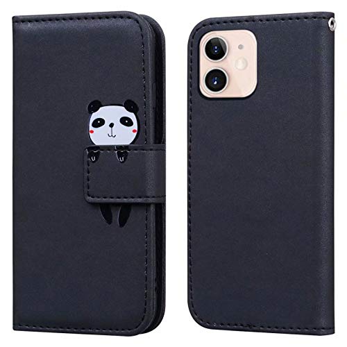 Ailisi iPhone 12 Mini Handyhülle, Karikatur Panda Muster PU Leder Hülle Brieftasche Schutzhülle Flip Case Wallet Cover Klapphüllen Tasche Etui mit Kartenfächern + Stand -Panda, Schwarz von Ailisi