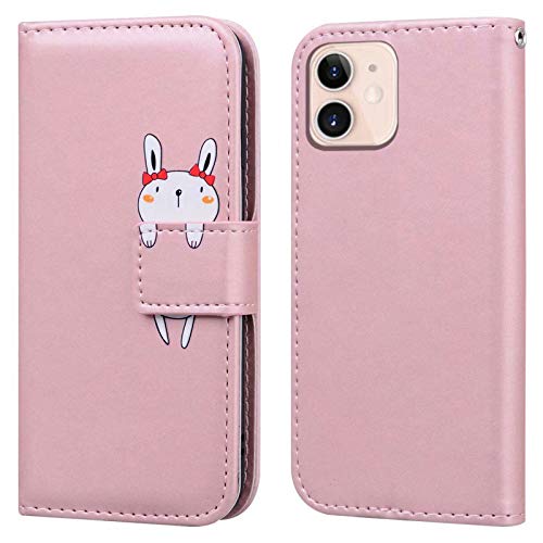 Ailisi iPhone 12 Mini Handyhülle, Karikatur Weiß Rabbit Muster PU Leder Hülle Brieftasche Schutzhülle Flip Case Wallet Cover Klapphüllen Tasche Etui mit Kartenfächern + Stand -Hase, Pink von Ailisi