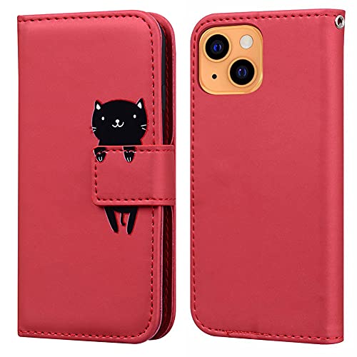 Ailisi iPhone 13 Mini Handyhülle, Karikatur Schwarz Cat Muster PU Leder Hülle Brieftasche Schutzhülle Klapphüllen Tasche Etui mit Kartenfächern + Stand -Katze, Dunkelrot von Ailisi