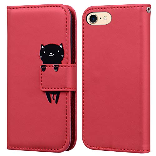Ailisi für iPhone 7/iPhone 8/iPhone SE 2020 Hülle, Karikatur Schwarz Cat Muster PU Leder Handyhülle Brieftasche Schutzhülle Klapphüllen Tasche Etui mit Kartenfächern -Katze, Dunkelrot von Ailisi