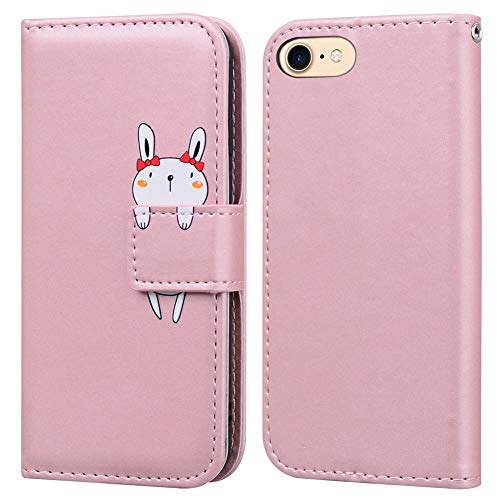 Ailisi für iPhone 7/iPhone 8/iPhone SE 2020 Hülle, Karikatur Weiß Rabbit Muster PU Leder Handyhülle Brieftasche Schutzhülle Klapphüllen Tasche Etui mit Kartenfächern -Hase, Pink von Ailisi
