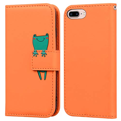 Ailisi iPhone 7 Plus/iPhone 8 Plus Hülle, Karikatur Grün Frog Muster PU Leder Handyhülle Brieftasche Schutzhülle Flip Case Wallet Cover Klapphüllen Tasche Etui mit Kartenfächern -Frosch, Orange von Ailisi