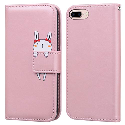 Ailisi iPhone 7 Plus/iPhone 8 Plus Hülle, Karikatur Weiß Rabbit Muster PU Leder Handyhülle Brieftasche Schutzhülle Flip Case Wallet Cover Klapphüllen Tasche Etui mit Kartenfächern -Hase, Pink von Ailisi