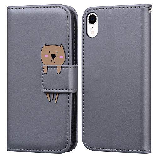 Ailisi für iPhone XR Hülle, Karikatur Braun Bär Muster PU Leder Handyhülle Brieftasche Schutzhülle Flip Case Wallet Cover Klapphüllen Tasche Etui mit Kartenfächern+Stand -Bär, Grau von Ailisi