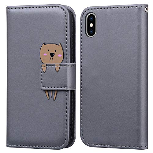 Ailisi iPhone XS/iPhone X Hülle, Karikatur Braun Bär Muster PU Leder Handyhülle Brieftasche Schutzhülle Flip Case Wallet Cover Klapphüllen Tasche Etui mit Kartenfächern+Stand -Bär, Grau von Ailisi