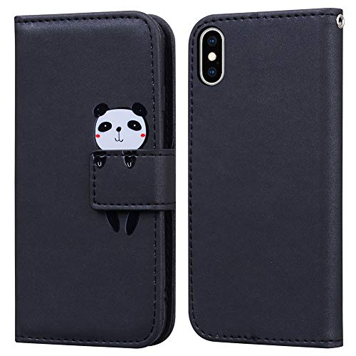 Ailisi iPhone XS/iPhone X Hülle, Karikatur Panda Muster PU Leder Handyhülle Brieftasche Schutzhülle Flip Case Wallet Cover Klapphüllen Tasche Etui mit Kartenfächern+Stand -Panda, Schwarz von Ailisi