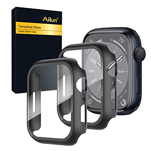 Ailun Displayschutzfolie für Apple Watch Serie 9 & 8 & 7 [45 mm], ultradünne harte PC-Hülle aus gehärtetem Glas für iWatch, stoßfeste Abdeckung mit Knopf, 2 Stück, Schwarz von Ailun