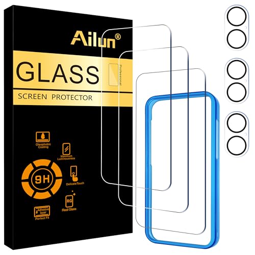 Ailun Displayschutzfolie für iPhone 16 Plus [6,7 Zoll] + 3er-Pack Kameralinsenschutz mit Installationsrahmen, hüllenfreundlich, gehärtete Glasfolie, 9H Härte, HD [6er-Pack] von Ailun