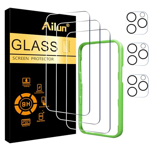 Ailun Displayschutzfolie für iPhone 16 Pro [6,3 Zoll] + 3er-Pack Kameralinsenschutz mit Installationsrahmen, hüllenfreundlich, gehärtete Glasfolie, 9H Härte, HD [6er-Pack] von Ailun