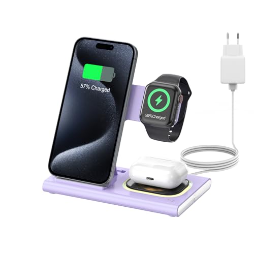 Aimtel 3 in 1 Faltbar kabellose Ladestation für Apple Watch und i Phone Induktive Ladegerät kompatibel für Apple Watch 9/Ultra 2/8/7/SE 6/5/4/AirPods Pro 2/i Phone 15/15 Pro/14/13/12/11 Pro Max/XR von Aimtel