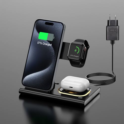 Aimtel 3 in 1 Faltbar kabellose Ladestation und Induktive Ladegerät kompatibel für Apple Watch 9/Ultra 2/8/7/SE 6/5/4/3/AirPods Pro 2/iPhone 15/15 Pro/14/13/12/11 Pro Max/XS/XR von Aimtel