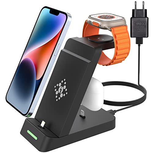 Aimtel Multi-Ladestation für Apple Watch und iPhone 3 in 1 Ladestation für iPhone 14/13/12/11/Pro/Max/XS/XR/X/8/Plus, Kabellose Ladestation für Apple Watch Ultra 2/9/8/7/6/5/4/3/2/SE, AirPods 3/2/Pro von Aimtel