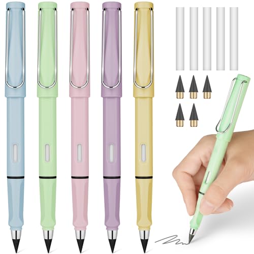 Ainiv 5 PCS Tintenlose Bleistifte Ewiger, Infinity Pencil mit 5 Radiergummi und 5 Austauschbarem Wechselkopf, Wiederverwendbarer Tragbarer Bleistift für Schreiben Zeichnen Studenten Heim Büro Schule von Ainiv