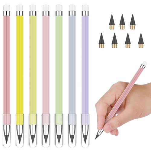 Ainiv 7 PCS Tintenlose Bleistifte Ewiger, Infinity Pencil mit 7 Austauschbarem Wechselkopf, Wiederverwendbarer Löschbarer Tragbarer Bleistift für Schreiben Zeichnen Studenten Heim Büro Schule von Ainiv